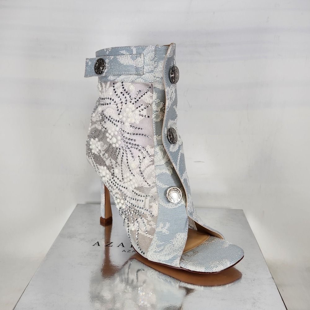 Azalea Wang Bootie Women Size 8 Blue Tandy Pearl Rhinestone Open Toe Stiletto